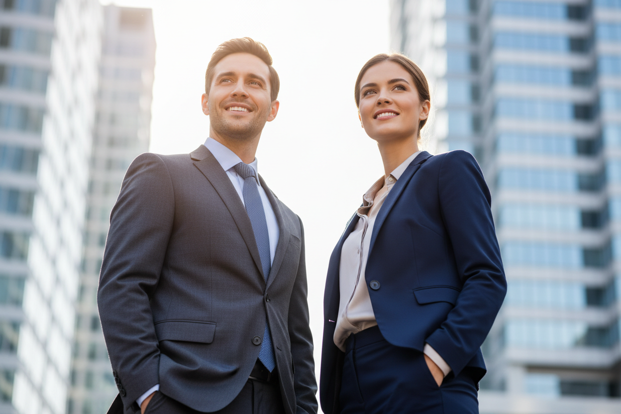 Hombre y mujer con vestimenta semiformal en entorno corporativo
